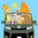 Cartoon person in a car with animals