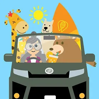 Cartoon person in a car with animals